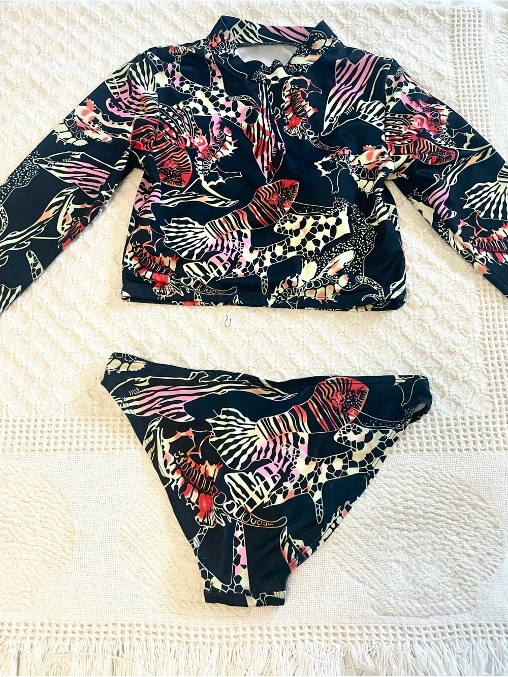 Kids Long Sleeve Rash Guard Bikini Set - Navy with Pink & Cream Print